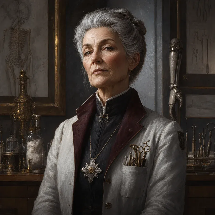 Dr. Anna Ripley in a dark surgical coat, lit like an official archive portrait