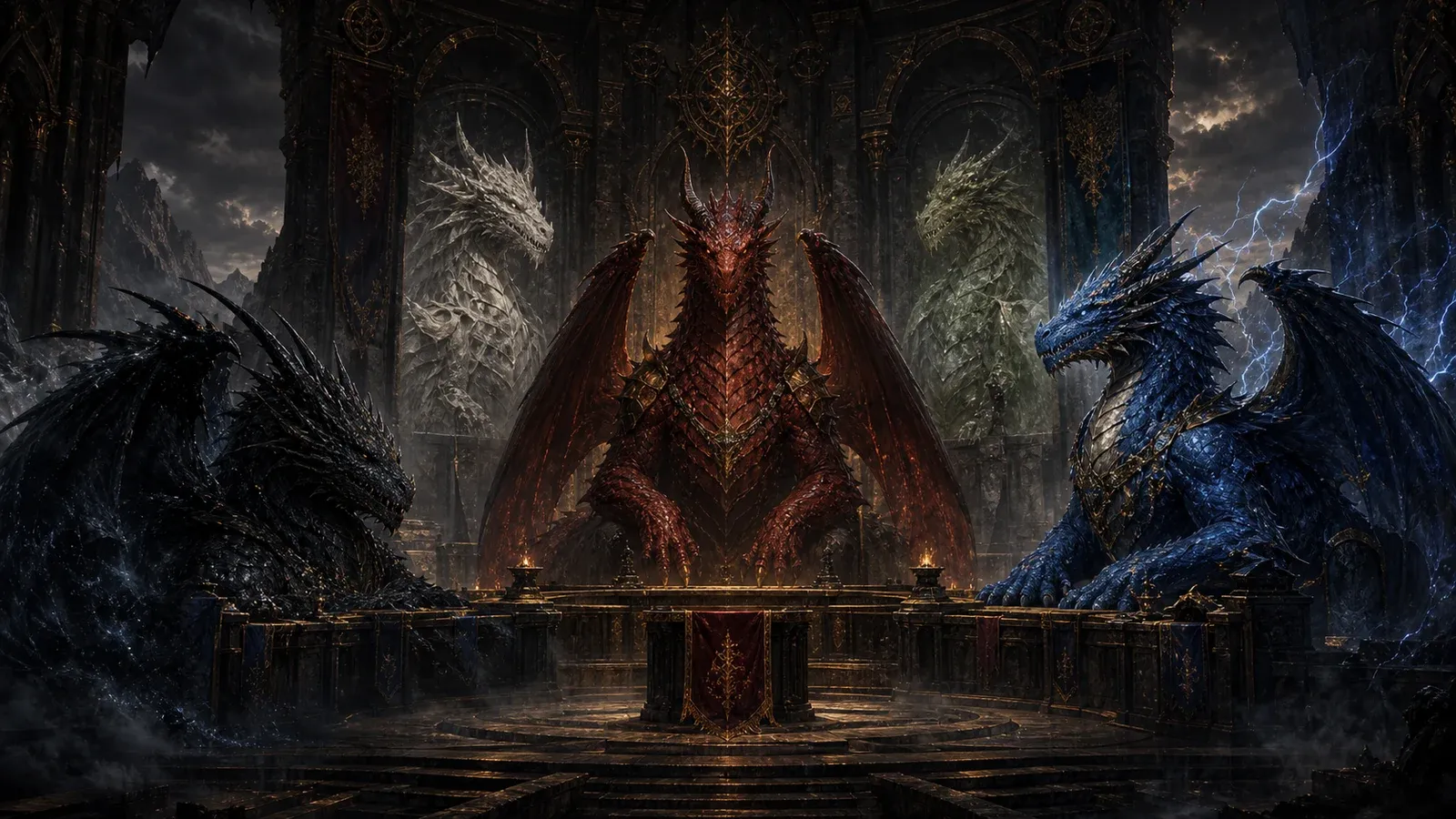 The Chroma Council gathered as ancient guardian dragons in a monumental council hall