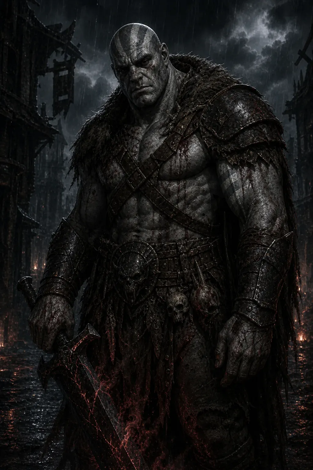 Grog Strongjaw, the Red Tide, standing bloodied in a rain-soaked ruined Westruun street with a lowered blackened greatsword