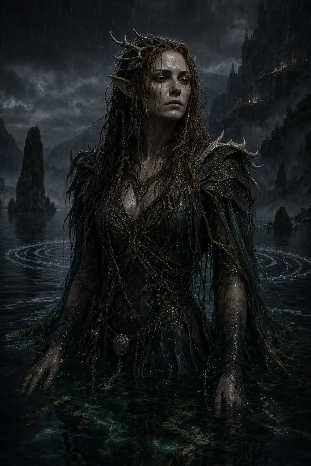 Keyleth, the Drowning Queen, emerging from dark lake water in drowned Ashari regalia beneath rain and cliffside lights
