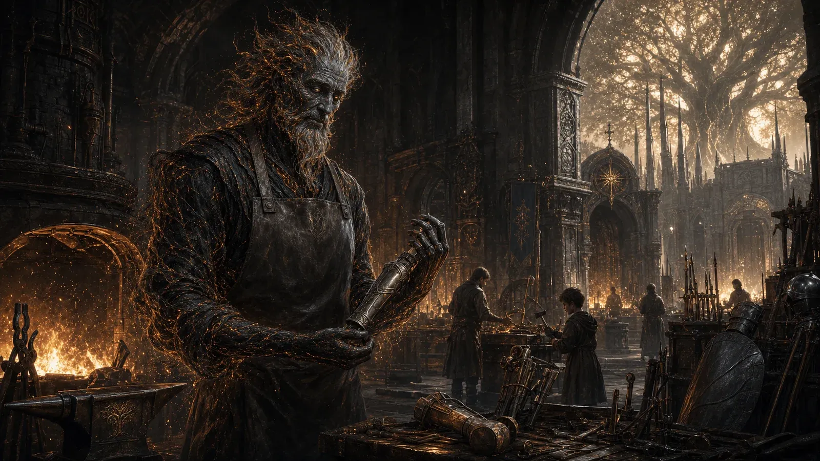 Orthax as a redeemed forge spirit standing in the ember-lit Whitestone forge