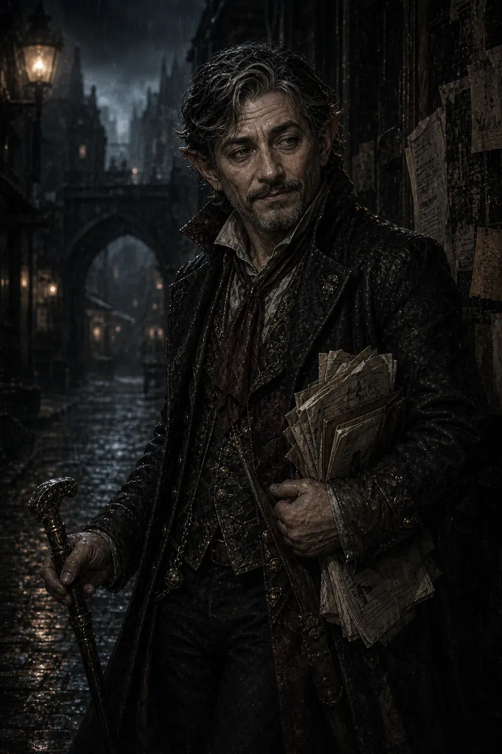 Scanlan Shorthalt, the Silver Tongue, carrying broadsheets and a cane through a rain-soaked Emon alley