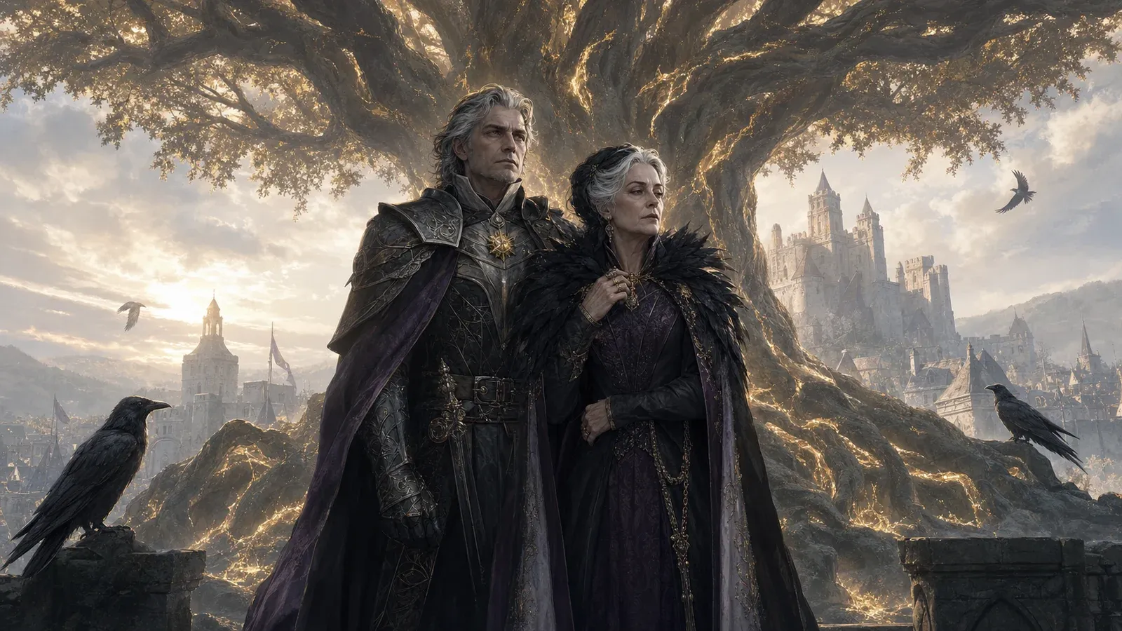 Lord Sylas and Lady Delilah Briarwood standing beneath the dawn-lit Sun Tree in Whitestone