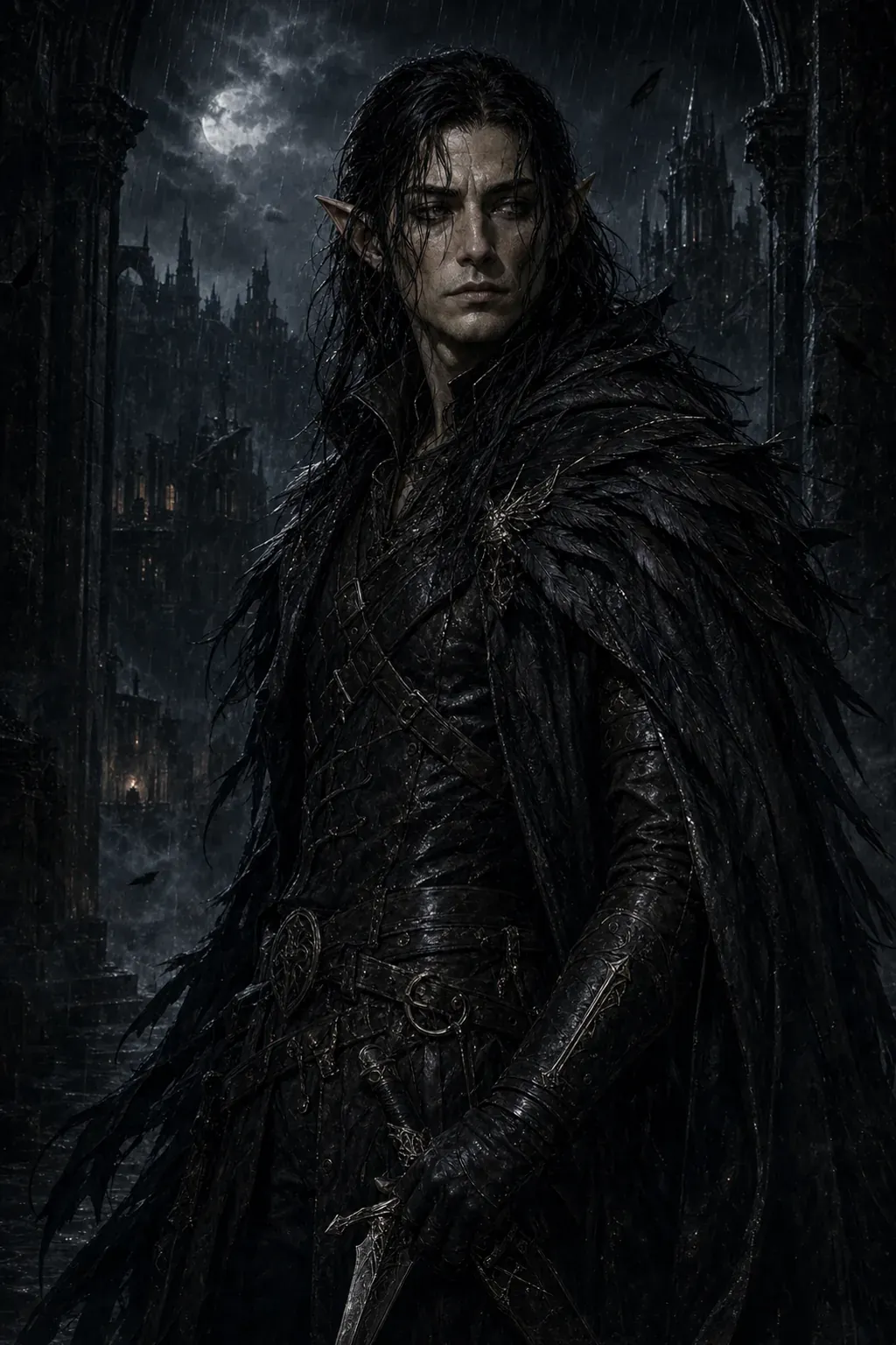 Vax'ildan, the Black Feather, standing in rain-dark leather and a raven-feather cloak before a Shadowfell cathedral