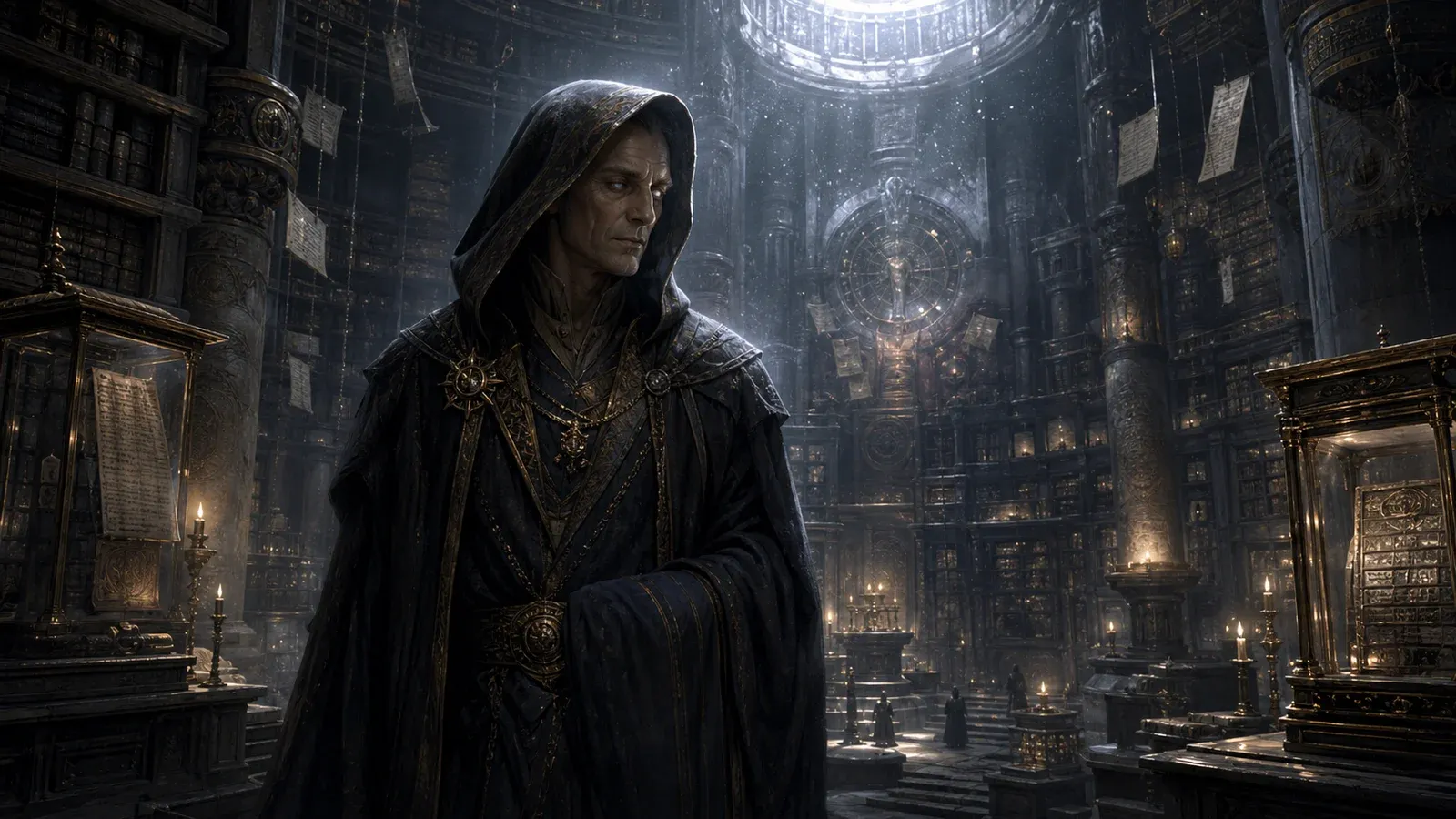 Vecna standing as a solemn archivist inside the silver-lit Vault of Memory