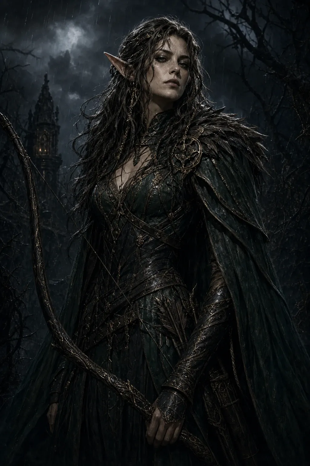 Vex'ahlia, the Huntress-Baroness, standing in cold rain with a dark longbow at the edge of the Bramblewood