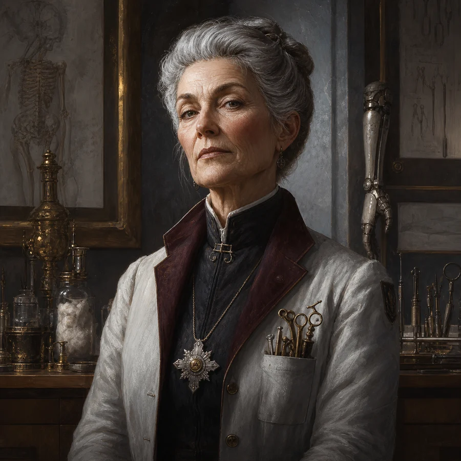 Dr. Anna Ripley in a scholarly laboratory surrounded by instruments and warm lamplight