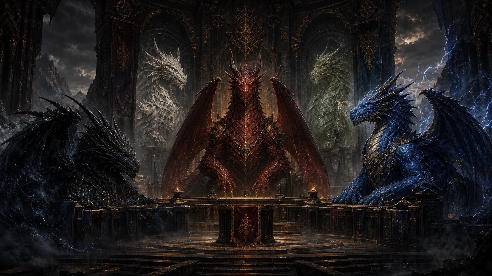 The Chroma Council gathered as ancient guardian dragons in a monumental council hall