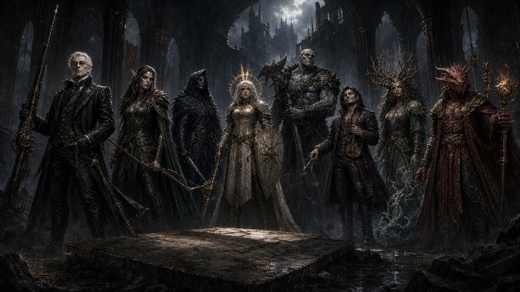 The Fallen Machina gathered in a ruined war chamber beneath smoke, shadow, and broken dawnlight