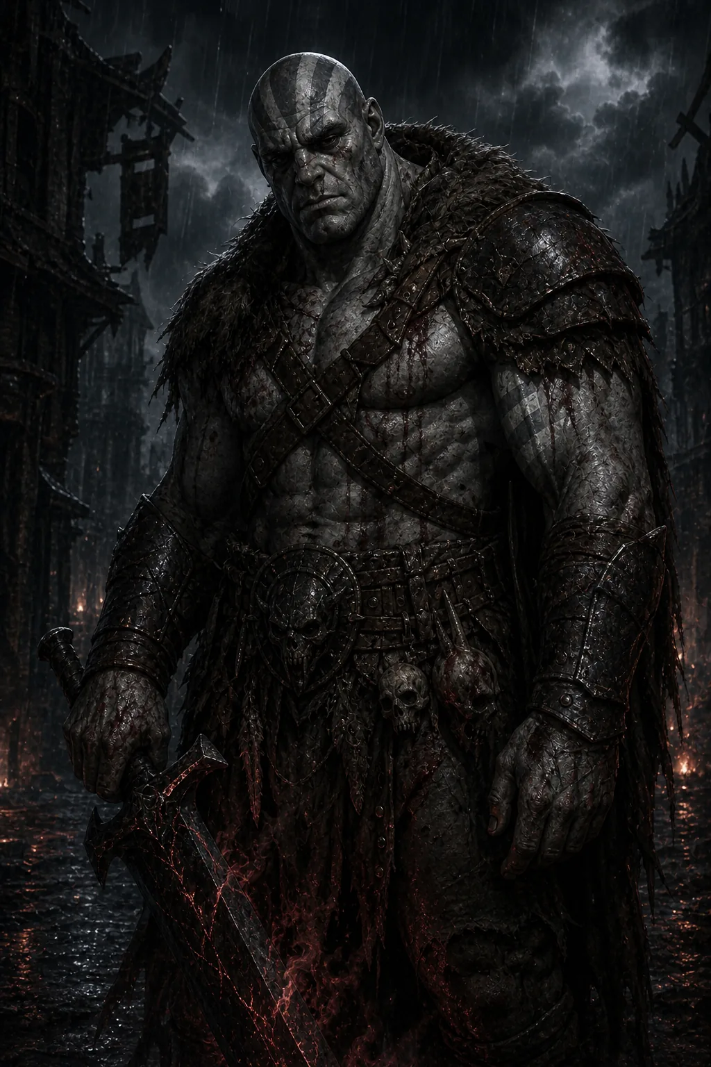 Grog Strongjaw, the Red Tide, standing among rain and ruined banners