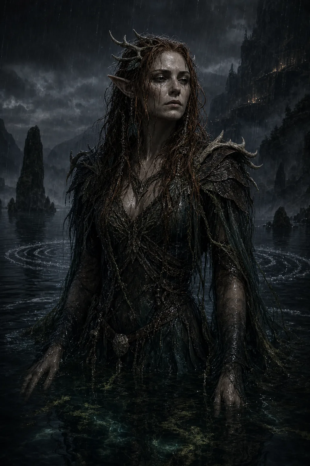 Keyleth, the Drowning Queen, amid storm rain and broken Ashari stone