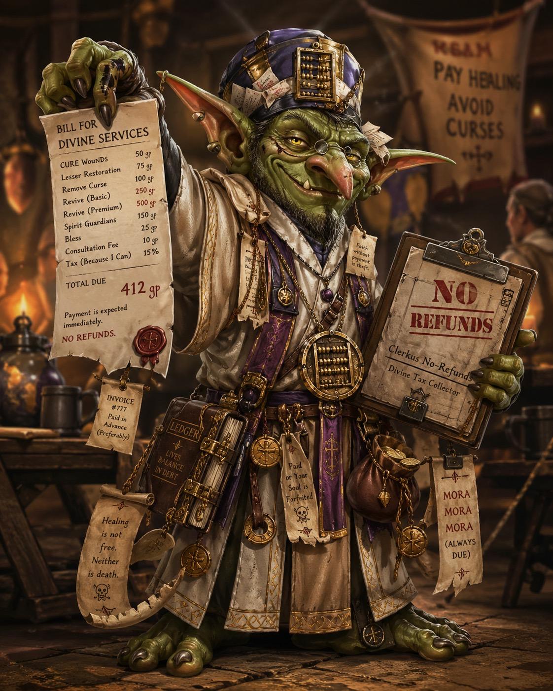 Clerix Goblinstan, a goblin cleric balancing greed and faith