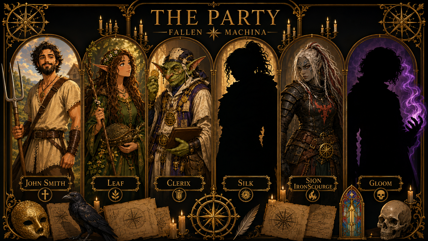 The Fallen Machina party lineup: John Smith, Leaf, Clerix, Silk, Sion Ironscourge, and Gloom