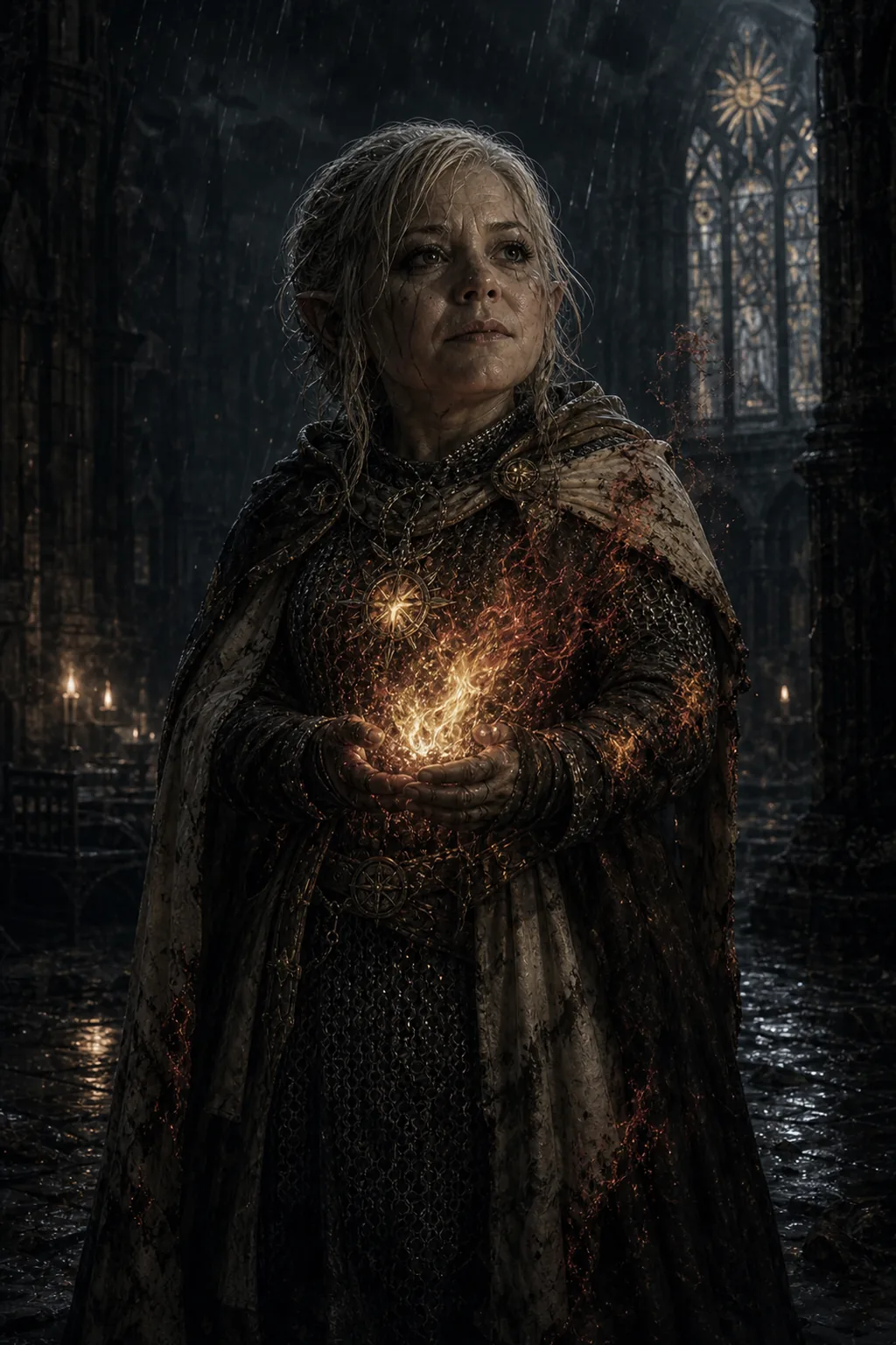Pike Trickfoot, the Burning Saint, holding corrupted dawnfire in a ruined chapel