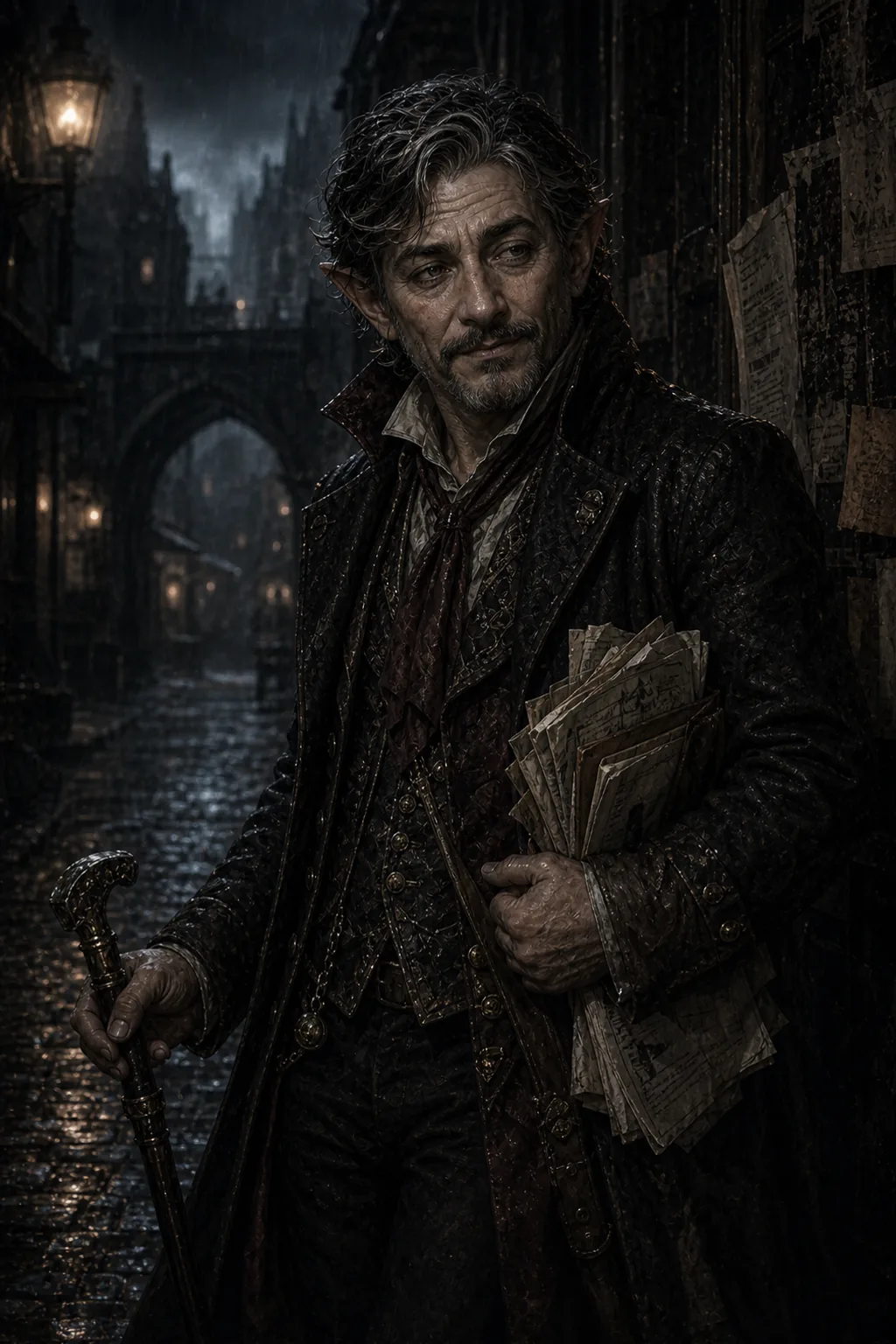 Scanlan Shorthalt, the Silver Tongue, in a ruined theater of propaganda broadsheets