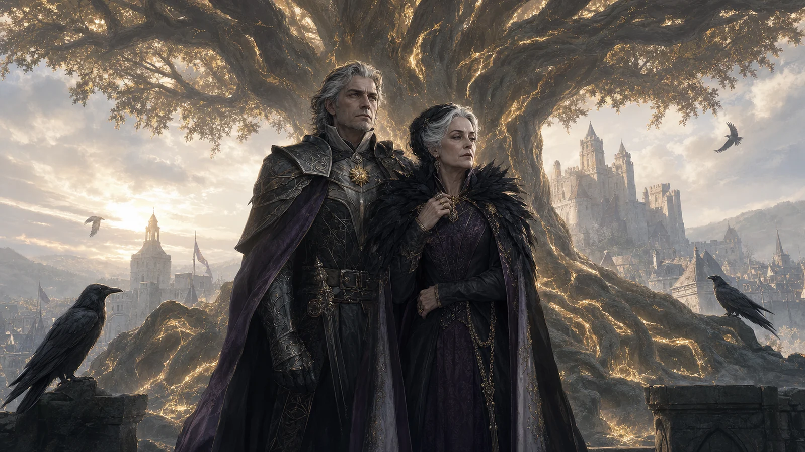 Lord Sylas and Lady Delilah Briarwood beneath the dawn-lit Sun Tree