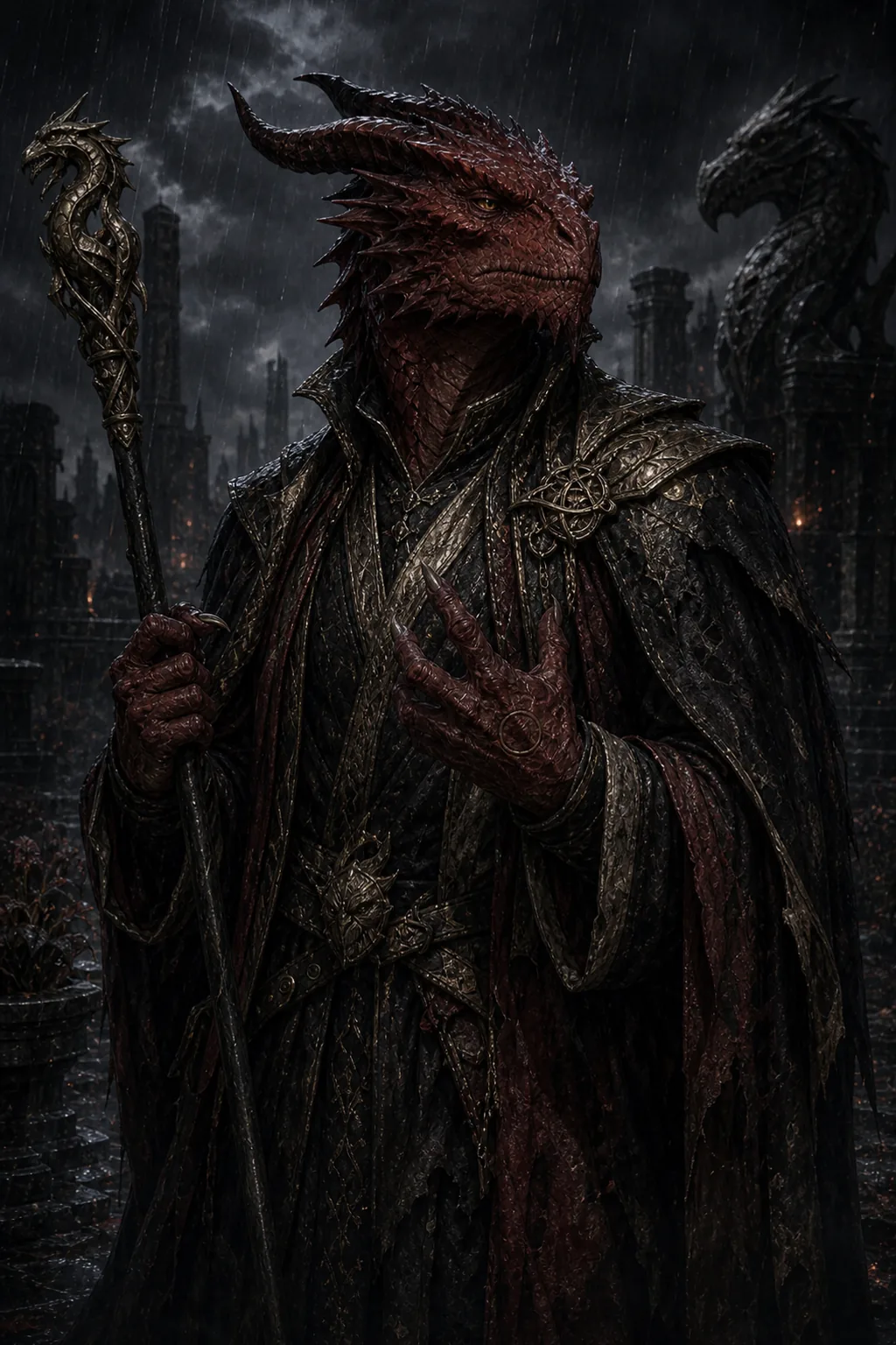 Tiberius Stormwind, the Brimstone Sage, in rain-dark Draconian ruins