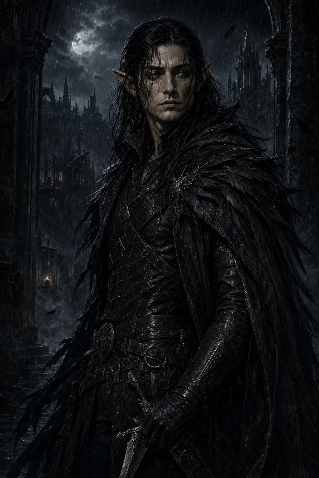 Vax'ildan, the Black Feather, standing in rain-dark grave light